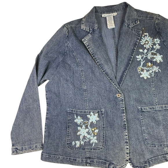 Denim 24/7 Blue Jean Jacket Blazer Long Sleeve with Embroidered Floral Design - Picture 10 of 16